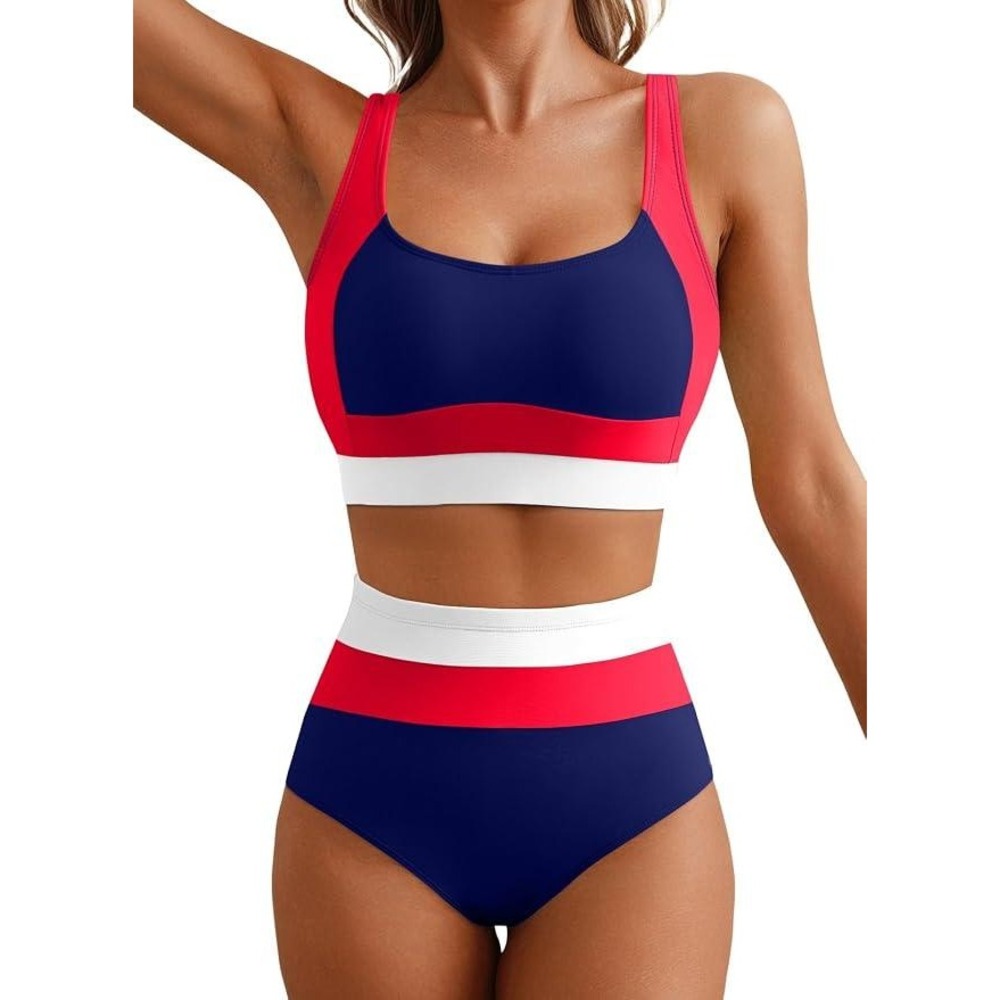MSRP $33 Herseas Women's 2XL High Waisted 2 Piece Sporty Color Block Bikini